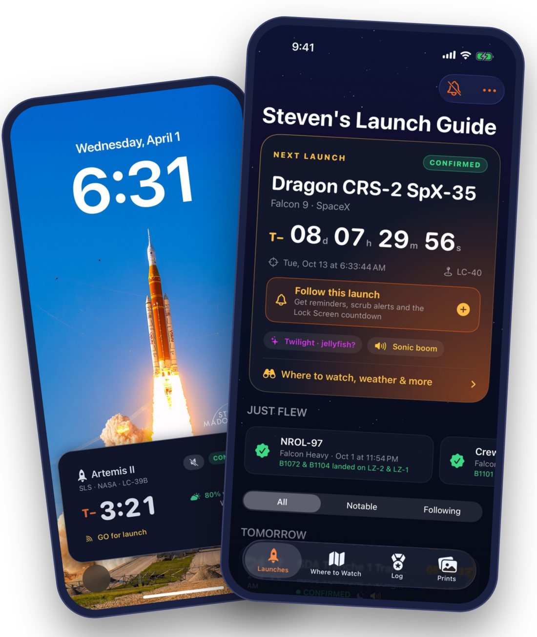 Steven's Launch Guide on an iPhone: the Lock Screen countdown and the launch list